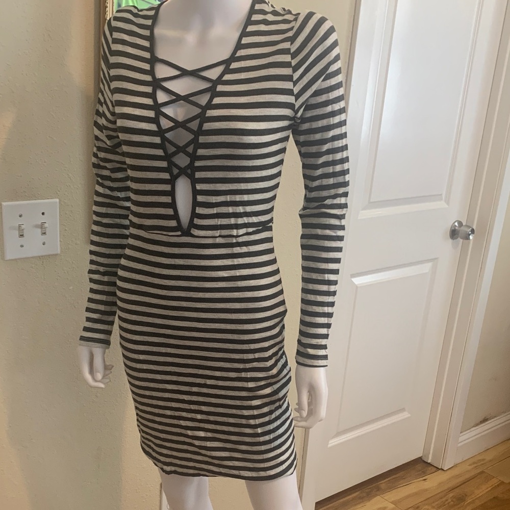 Fashion Nova Black and Cream Striped Long Sleeve Dress